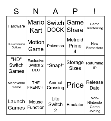 Switch 2 Announcement Bingo Card