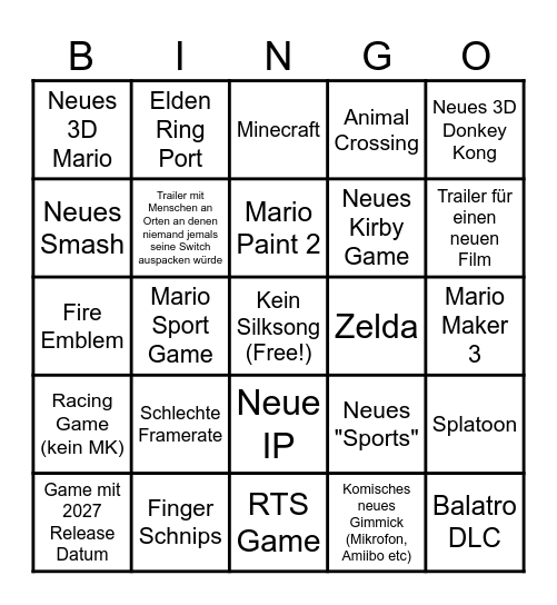 switch 2 Bingo Card