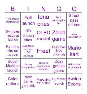 Binland Switch 2 Bingo Card