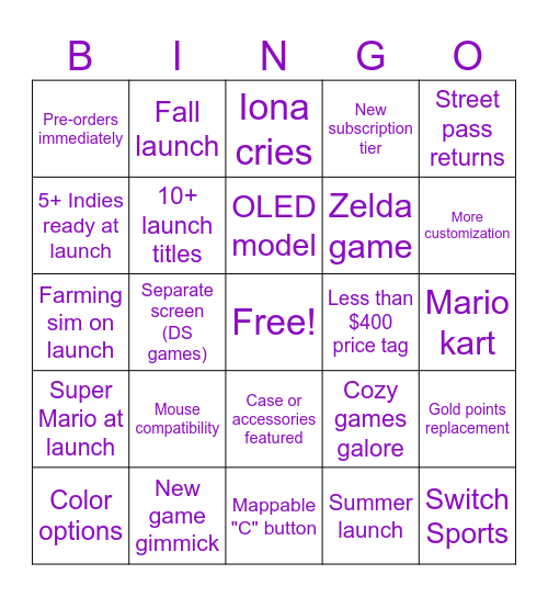 Binland Switch 2 Bingo Card