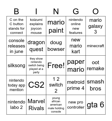 switch 2 Bingo Card