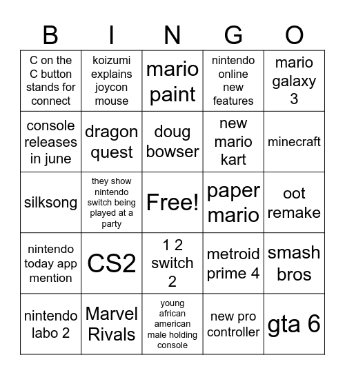 switch 2 Bingo Card