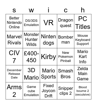 Switch 2 electric boogaloo Bingo Card