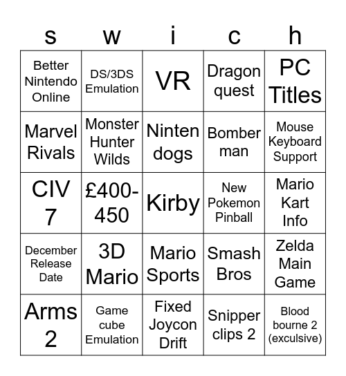 Switch 2 electric boogaloo Bingo Card