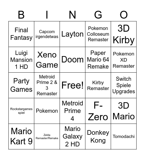 Nintendo Direct Bingo Card