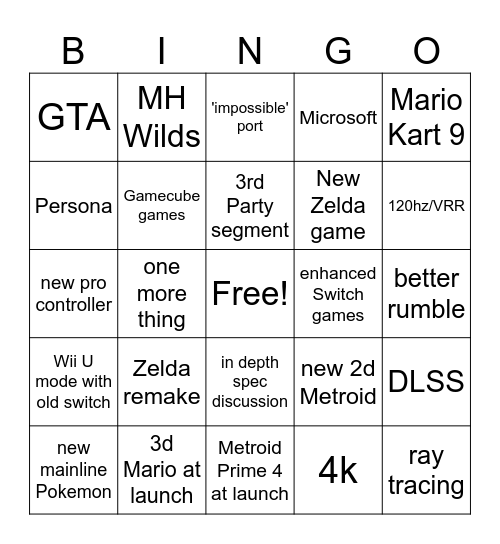 Switch 2 direct Bingo Card