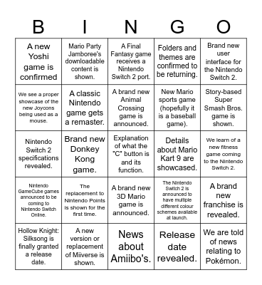 Nintendo Switch 2 Direct Bingo Card