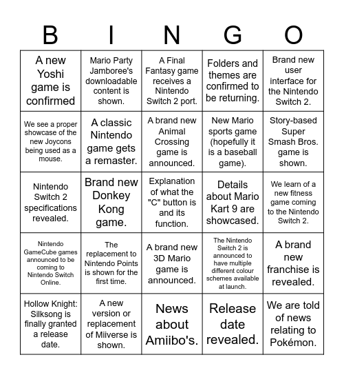 Nintendo Switch 2 Direct Bingo Card