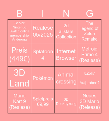 Nintendo Switch 2 bingo Card