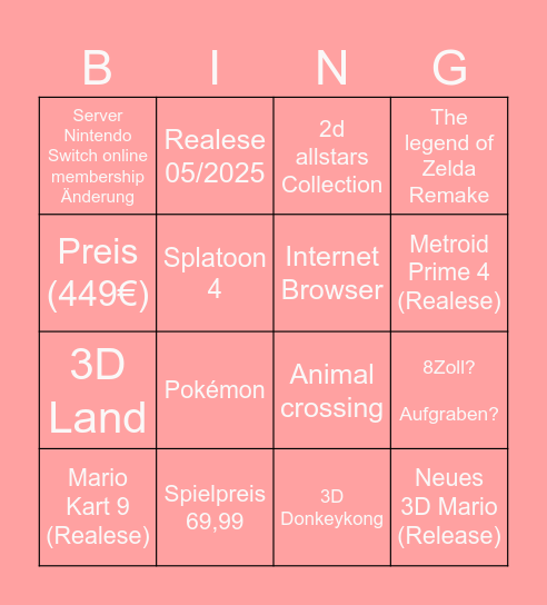 Nintendo Switch 2 bingo Card