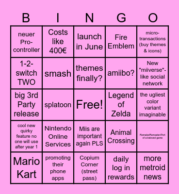 Switch 2 direct Bingo Card