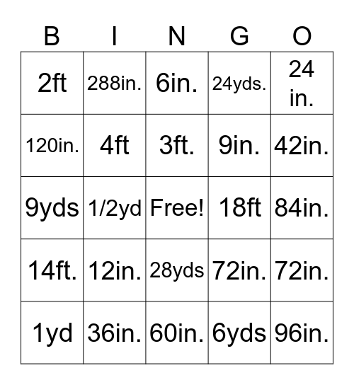 INCHES, FEET, YARDS....OH MY! Bingo Card