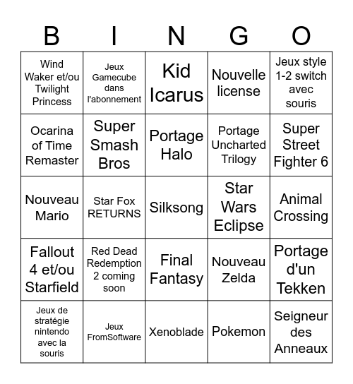 Nintendo Direct Switch 2 Bingo Card