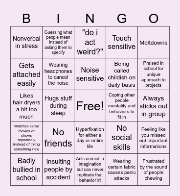 Undiagnosed neurodivergent Bingo Card