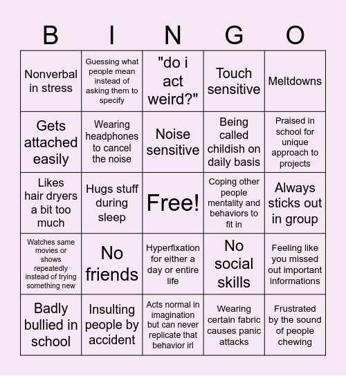 Undiagnosed neurodivergent Bingo Card