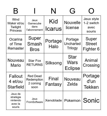 Nintendo Direct Switch 2 Bingo Card