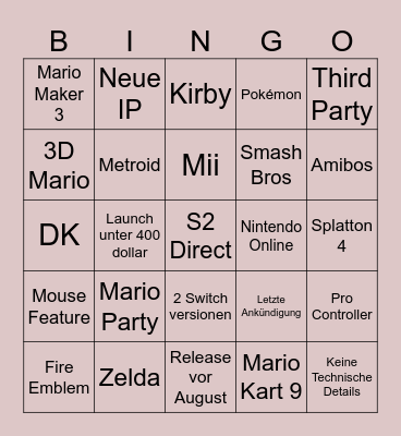Nintendo Switch Direct Bingo Card