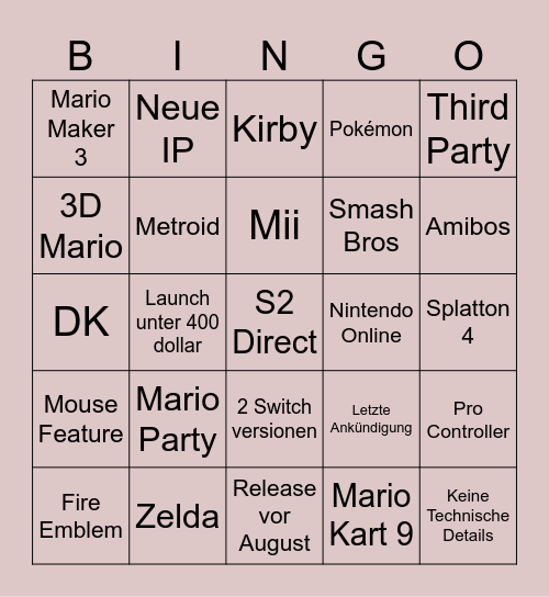 Nintendo Switch Direct Bingo Card