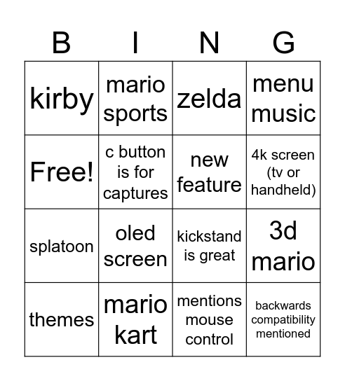 switch 2 bingo Card