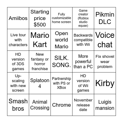 Switch 2 predictions Bingo Card