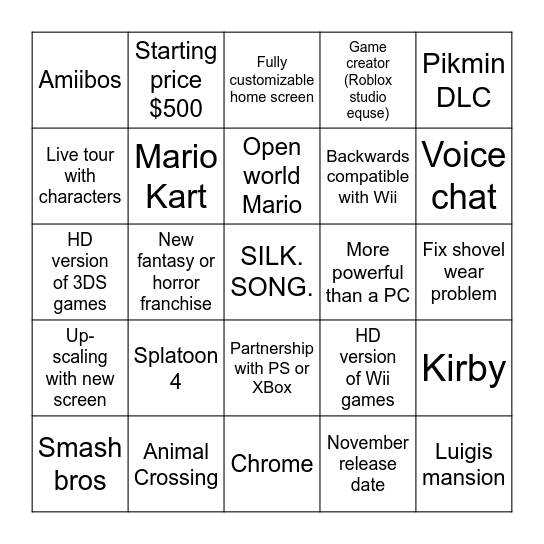 Switch 2 predictions Bingo Card
