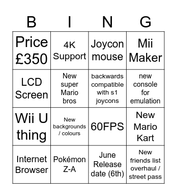 Nintendo Direct Switch 2 Bing Board Bingo Card