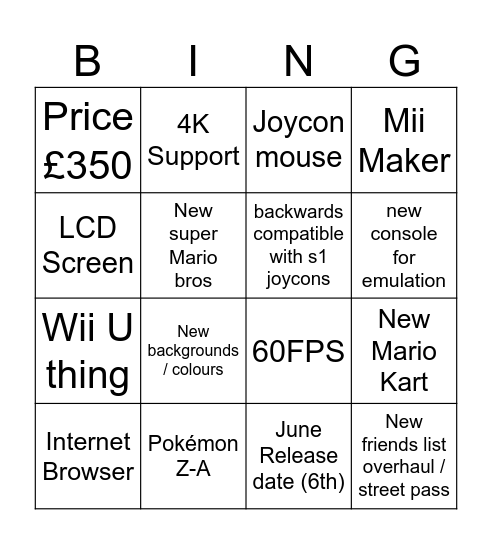 Nintendo Direct Switch 2 Bing Board Bingo Card