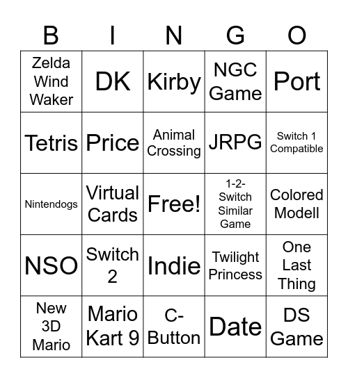 Nintendo Switch 2 Bingo Card