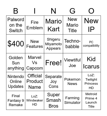 Nintendo Switch Direct Bingo Card