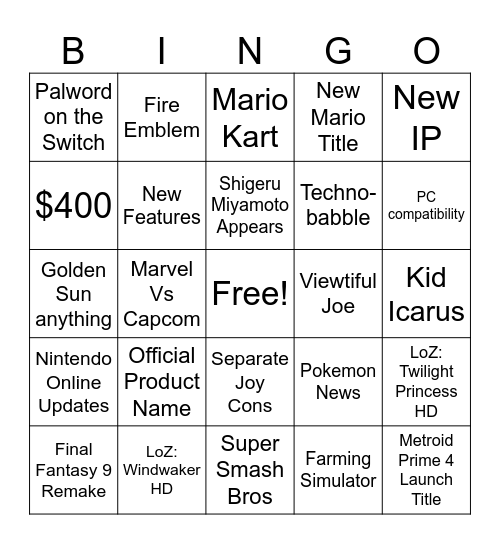 Nintendo Switch Direct Bingo Card