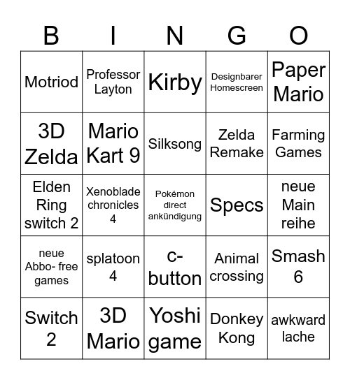 Nintendo Direct & Tree house Bingo Card