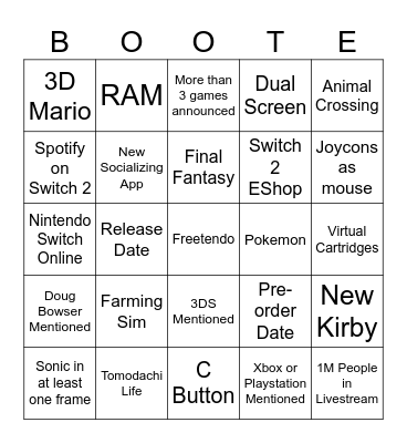 BINTENDO 2 STREAM Bingo Card