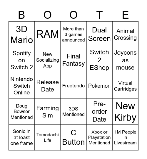 BINTENDO 2 STREAM Bingo Card
