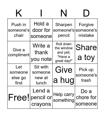 Kind Kids! Bingo Card