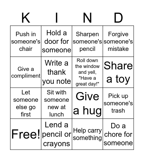 Kind Kids! Bingo Card
