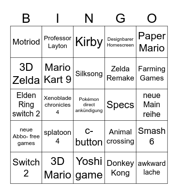 Nintendo Direct & Tree house Bingo Card