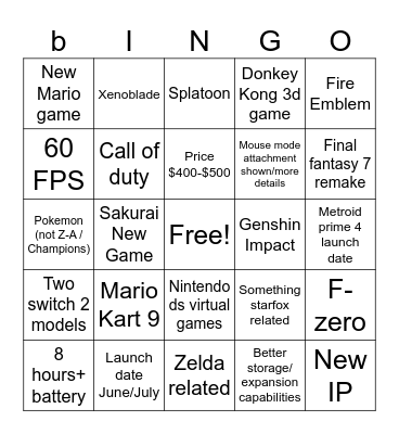 SWITCH 2 Bingo Card