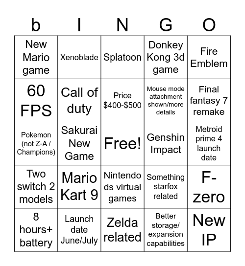 SWITCH 2 Bingo Card