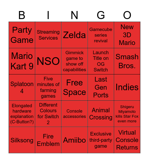Nintendo Switch 2 Direct Bingo Card