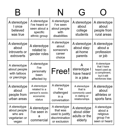 Stereotype Bingo Card