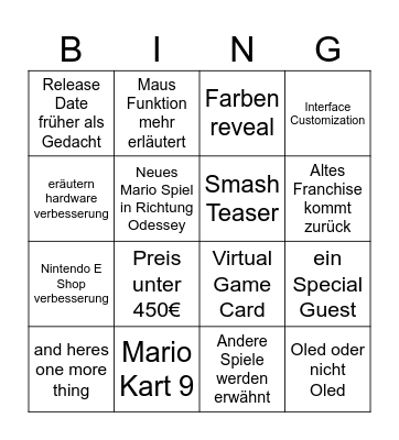 Nintendo Direct Bingo Card