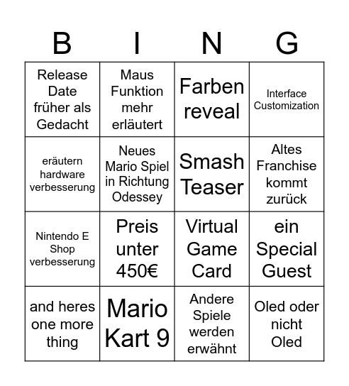 Nintendo Direct Bingo Card