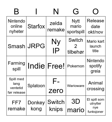 Nintendo Bingo Card