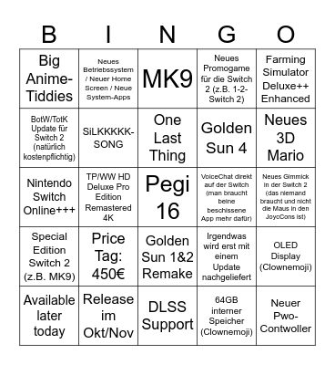 Nintendo Switch 2 Bingo Card