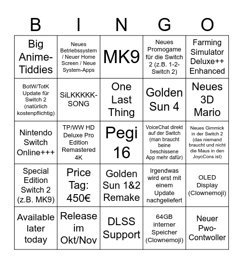 Nintendo Switch 2 Bingo Card