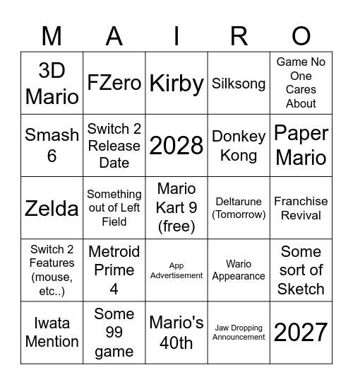 Nintendo switch 2 direct Bingo Card