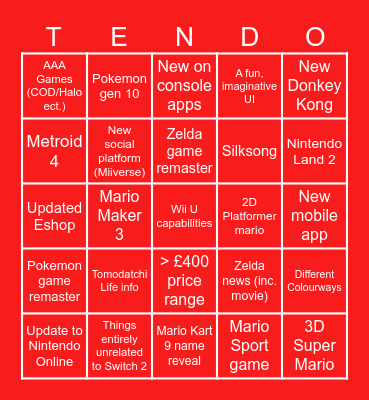 Nintendo Switch Direct Bingo Card