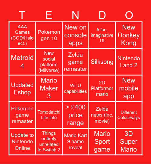 Nintendo Switch Direct Bingo Card