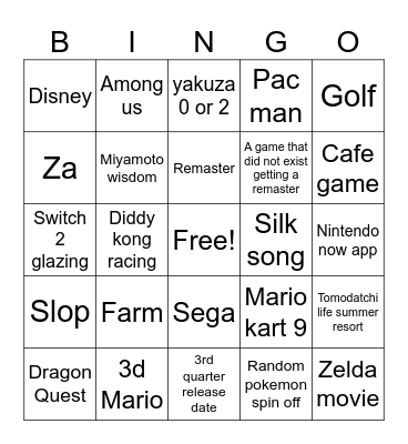 Nintendo switch 2 direct Bingo Card
