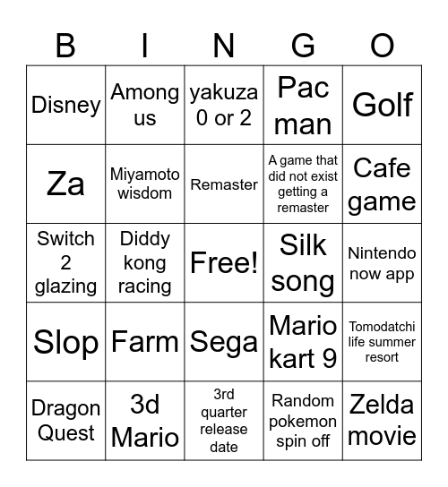 Nintendo switch 2 direct Bingo Card